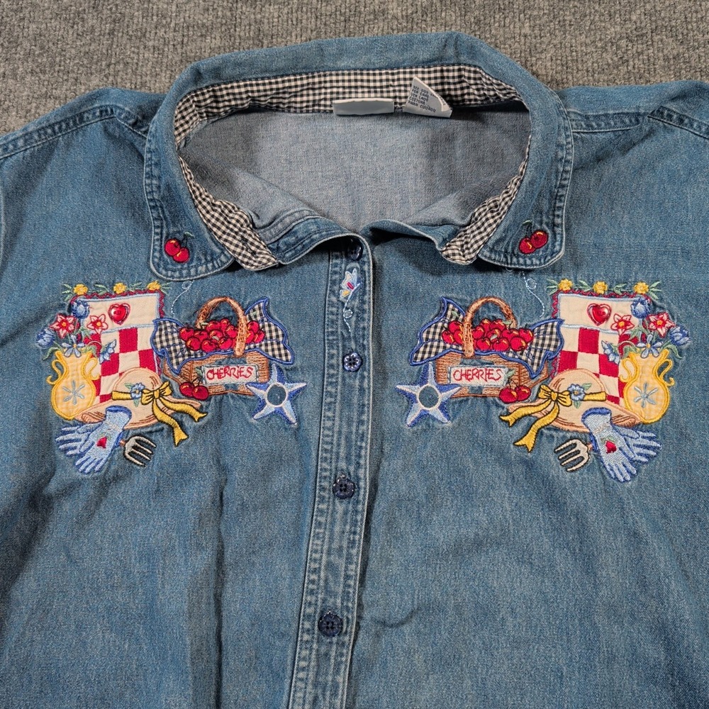 Vintage Bobbie Brooks Fall Cherries Embroidered Denim Jean Shirt Plus Size 26/28